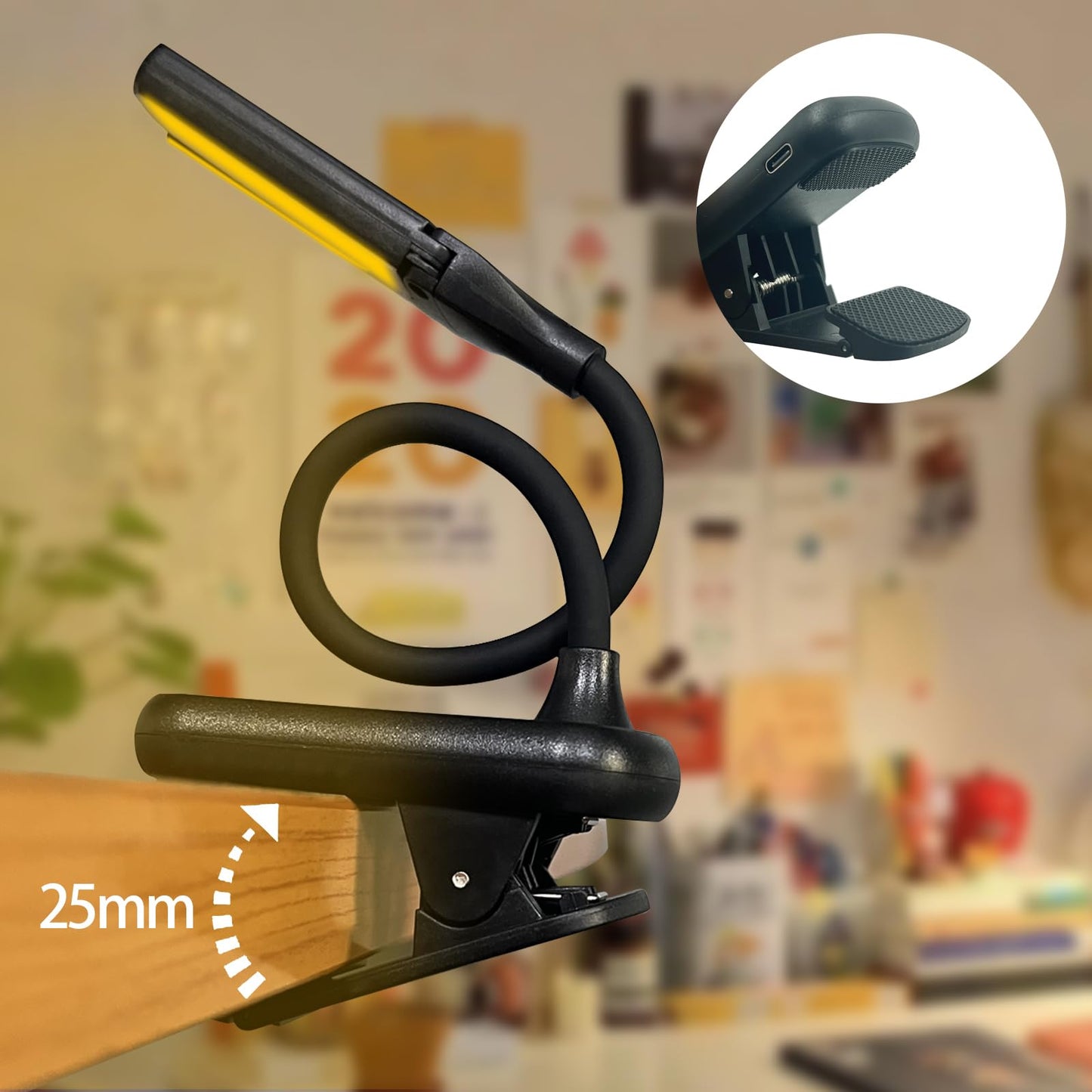 Ruoaueob Rechargeable Clip On Book Light, 3 Color Eye-Care LED Reading Light, 360° Rotatable Bed Reading Lamp, USB Rechargeable, Portable Book Light