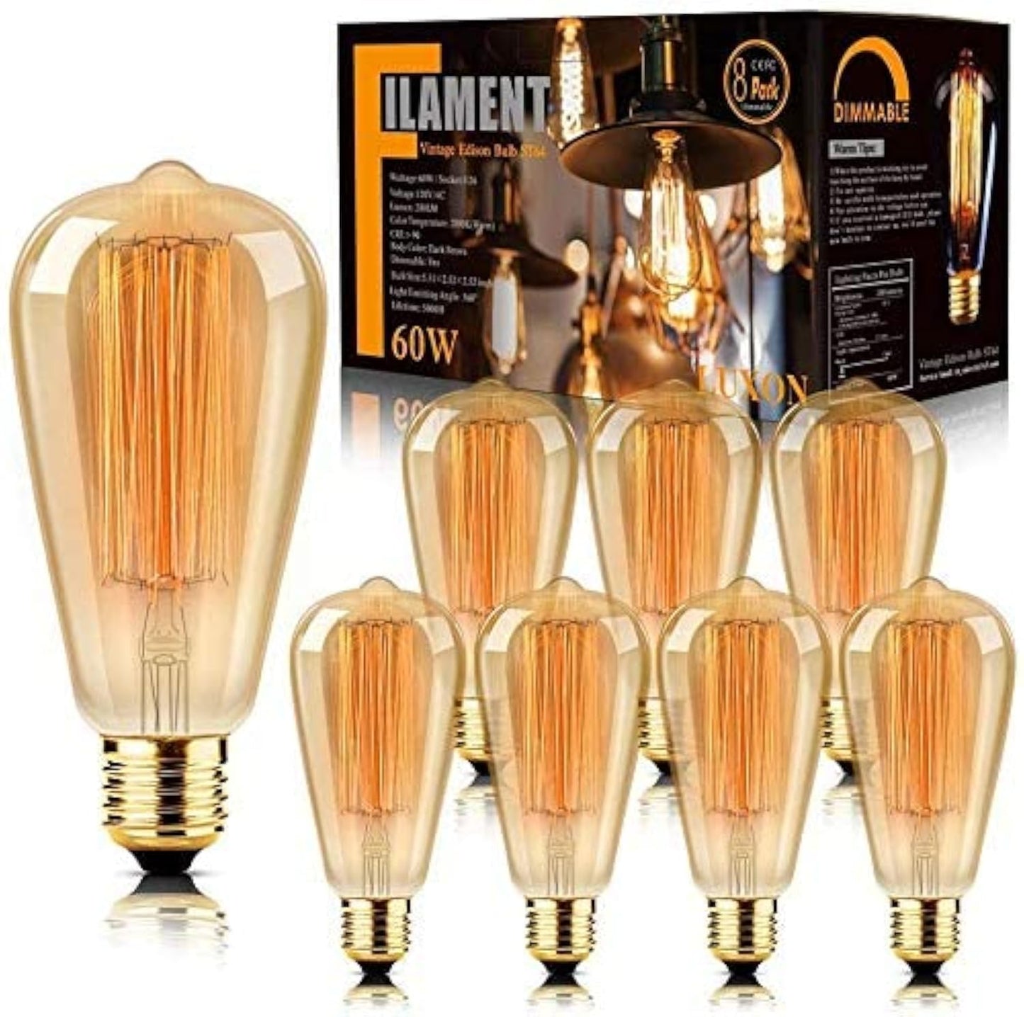 LUXON 8-Pack Edison Bulbs,60W Incandescent Light Bulbs,E26 Warm Amber Glass