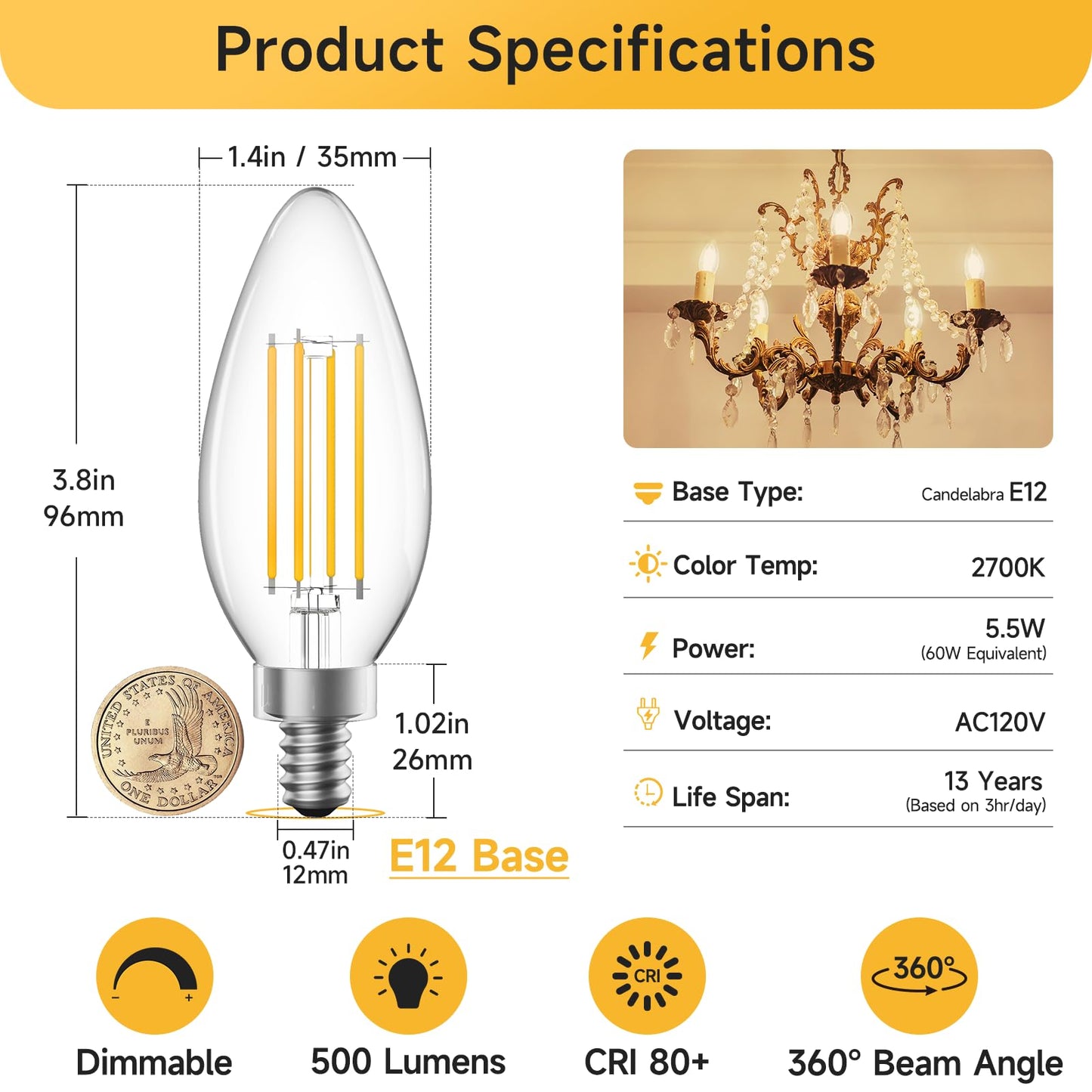SHINESTAR Dimmable E12 Candelabra LED Light Bulbs, 60W Equivalent, 5.5W B11 Vintage Chandelier Light Bulbs, 2700K Warm White, Filament Clear Glass