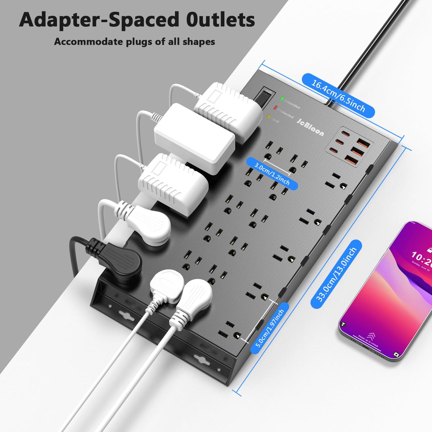 22 Outlets & 6 USB Big Power Strip, Jcblaon Surge Protector with 3USB C & 3USB A Charging Ports, 6.5ft Flat Plug Heavy Duty Extension