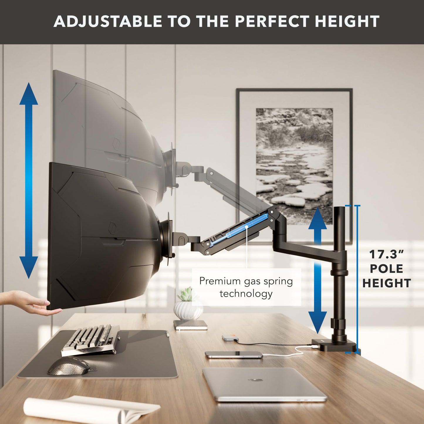 Mount-It! Proflex Series Height-Adjustable Ultrawide Monitor Arm with Pole, Fits 17-49” Screens, Gas Spring, 44 lbs Capacity, USB-C & USB 3.0 Ports