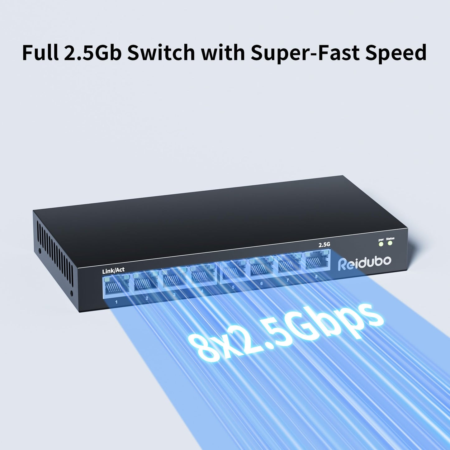 Reidubo Ethernet Switch Unmanaged, 8 Port 2.5gb Switch, 60Gbps Switching Capacity, Ideal for 2.5Gbps NAS/PC, 4K Video, Game Console, AP, Desktop Wall