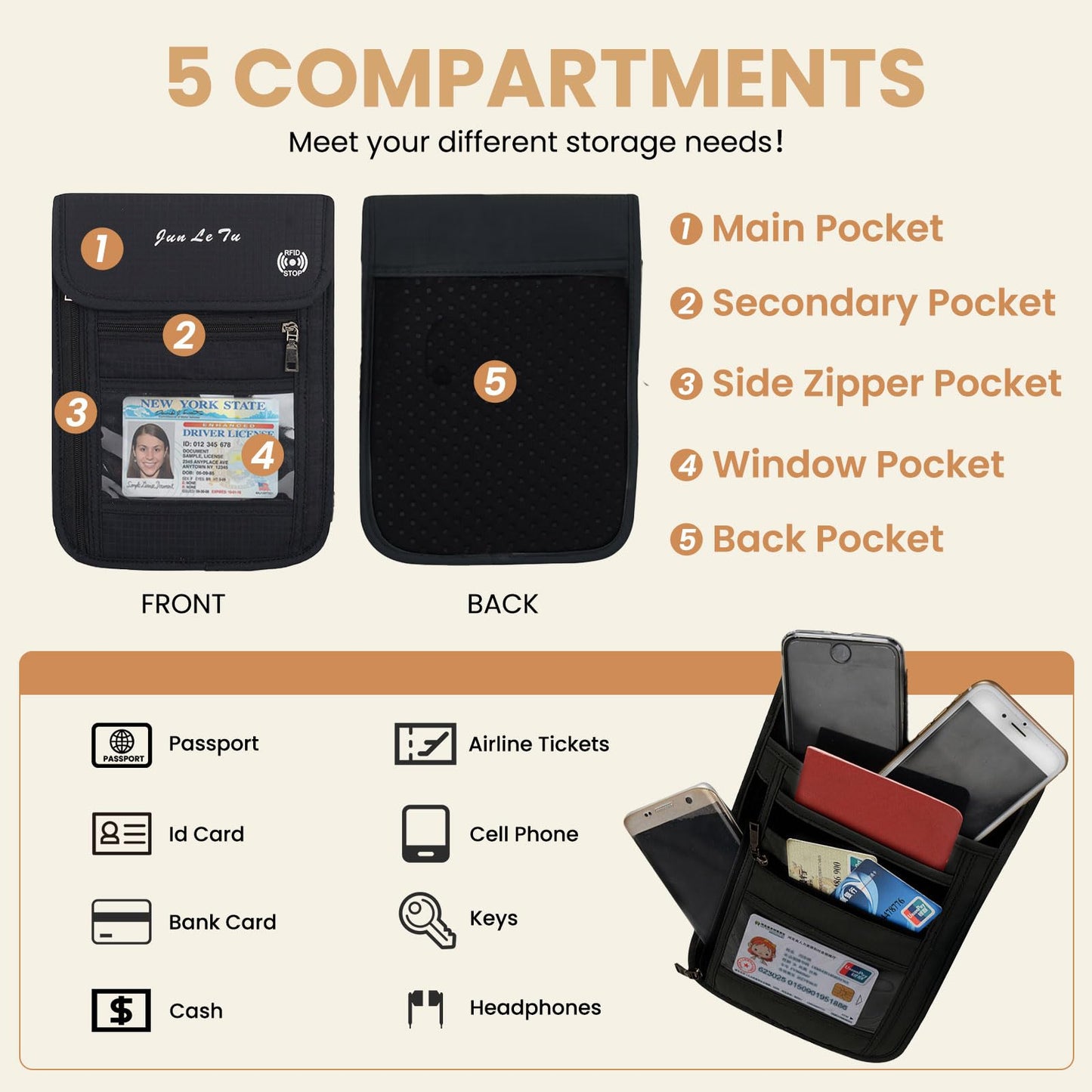 ROOSALANCE Passport Holder – RFID Blocking Travel Wallet with Visual Window, Waterproof Neck Pouch & Document Organizer for Men & Women, Black