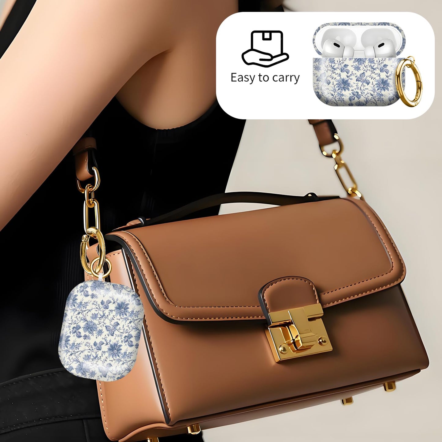 for AirPod PRO 3 2025 Case Shockproof and dustproof Wireless Earbuds case Cover with Golden Ring Keychain(Delicate Blue Flowers)