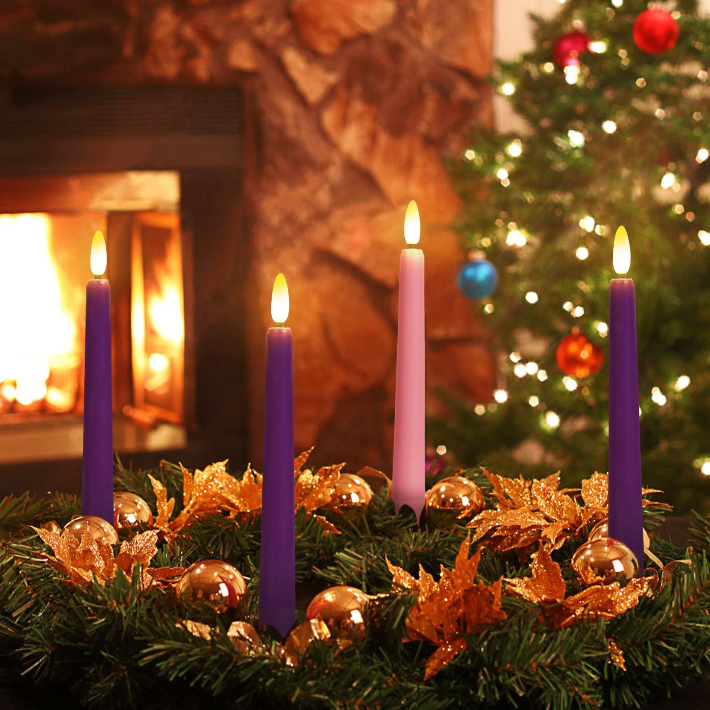 Yunsheng Flameless Advent Candles - Purple and Pink, 8 Inch Battery Operated LED Taper Candles with Remote Timer, 3D Wick Warm White Flicker Flame