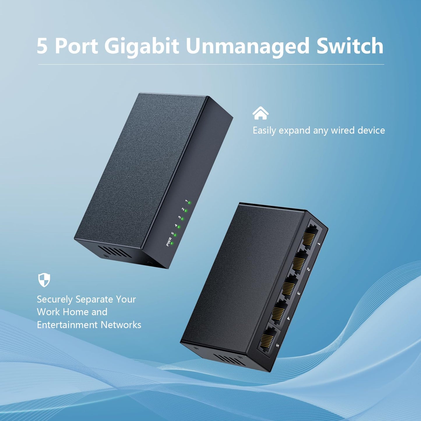 Bliyee 5-Port Gigabit Ethernet Switch, Unmanaged Home Network Switch Hub, Ethernet Splitter | Auto-Sensing Ports | Plug-and-Play | Silent Operation |