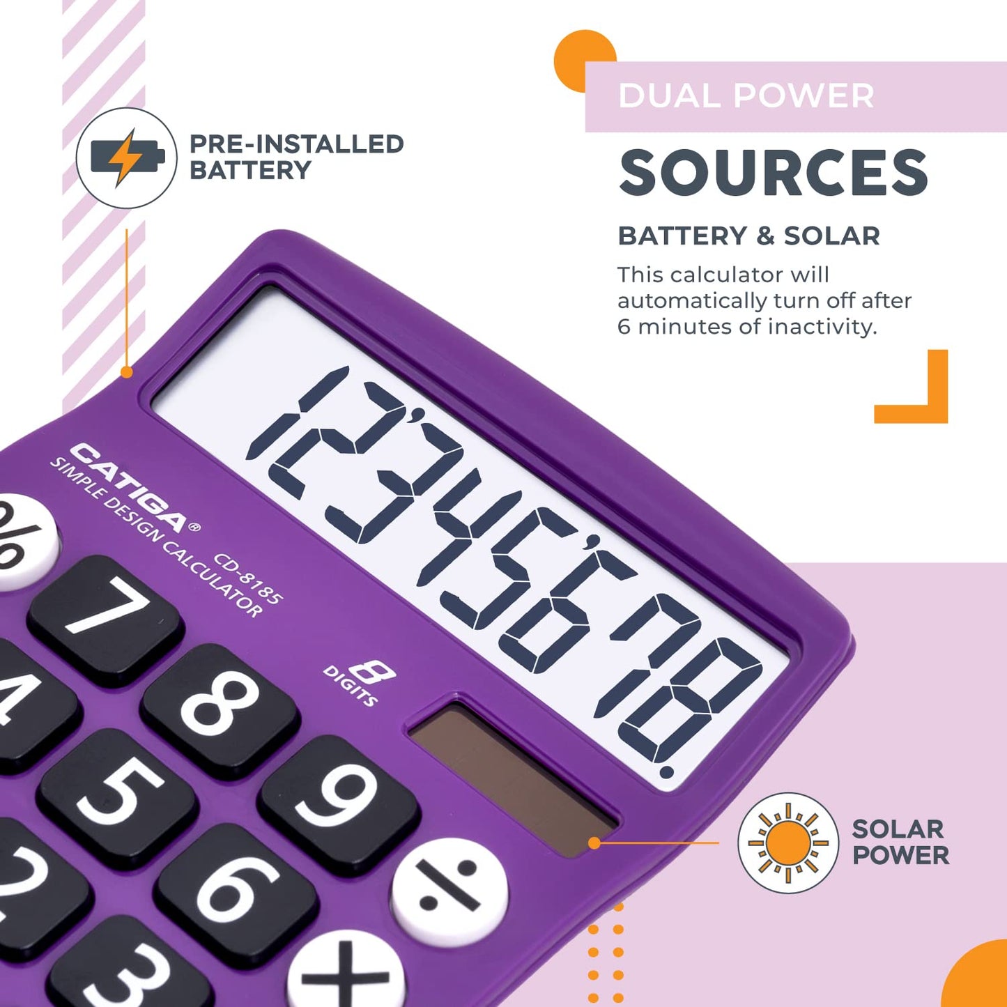 CATIGA Desktop Calculator 8 Digit with Solar Power and Easy to Read LCD Display, Big Buttons, for Home, Office, School, Class and Business, 4 Function