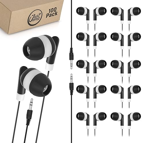 JustJamz Bulk Earbuds 100 Pack | Basic Ear Bud, Black Dot in-Ear Earphones, Disposable Headphones, Class Headphones Set for Students, Earphones…
