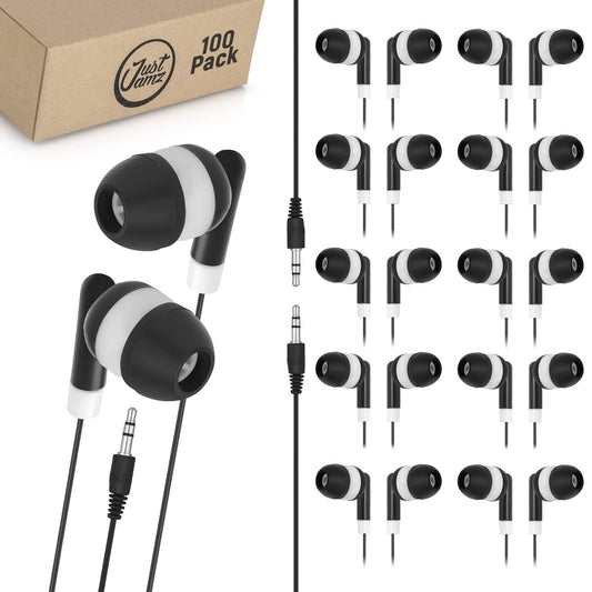 JustJamz Bulk Earbuds 100 Pack | Basic Ear Bud, Black Dot in-Ear Earphones, Disposable Headphones, Class Headphones Set for Students, Earphones…