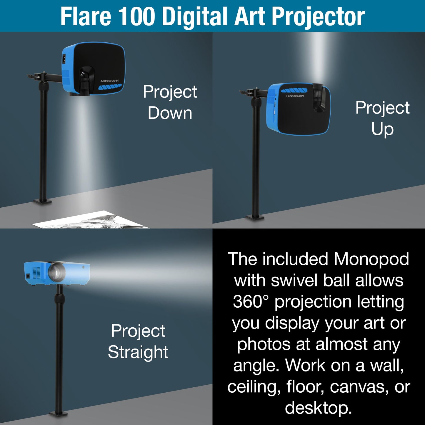 Artograph Flare 100 Digital Art Projector with Adjustable Monopod Stand, Blue/Black - 1080p Native Resolution, Built-In Art Grids for Drawing