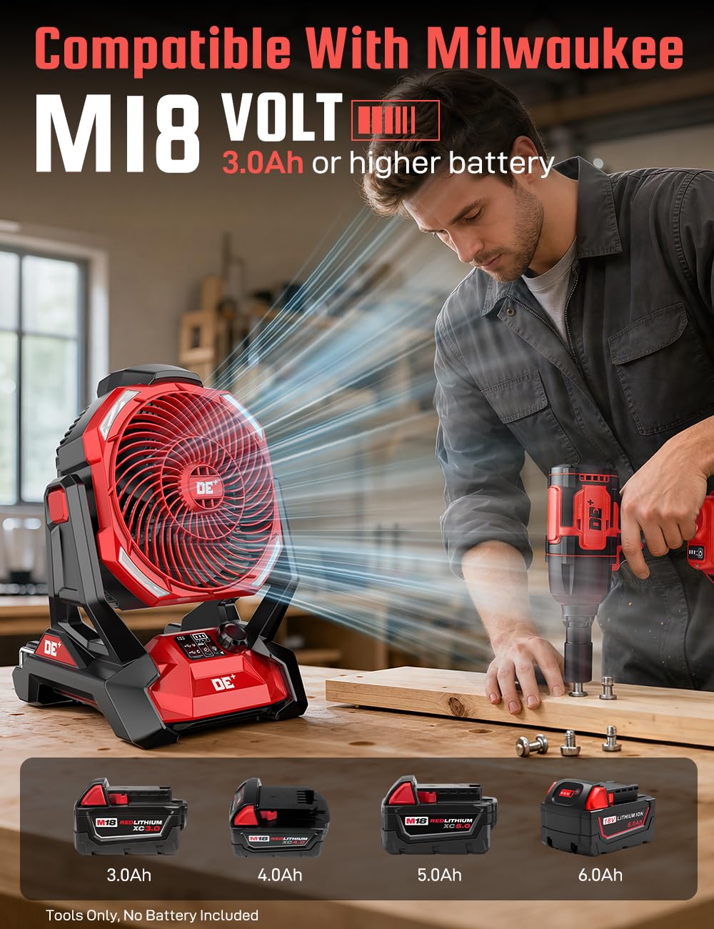 Battery Powered Fan for Milwaukee M18 Battery, 586 CFM Variable Speed, Jobsite Fan w/ 180° Oscillation, 4H Timer & LED Light Table Fan, Hook