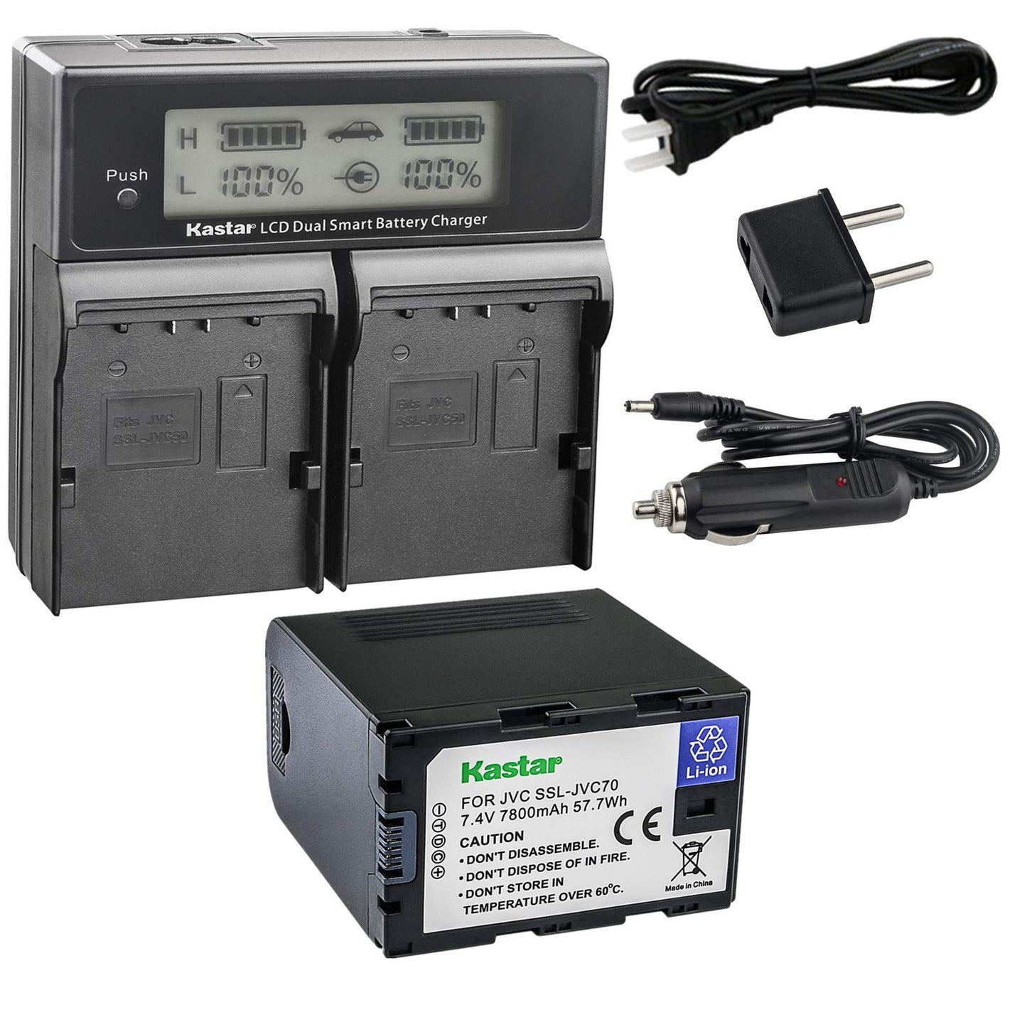 Kastar LCD Dual Fast Charger & Battery 1x for JVC SSL-JVC70 SSL-JVC75 BN-S8I50 GY-HMQ10 GY-LS300 GY-HM200 GY-HM200HW GY-HM200U GY-HM600 GY-HM600E
