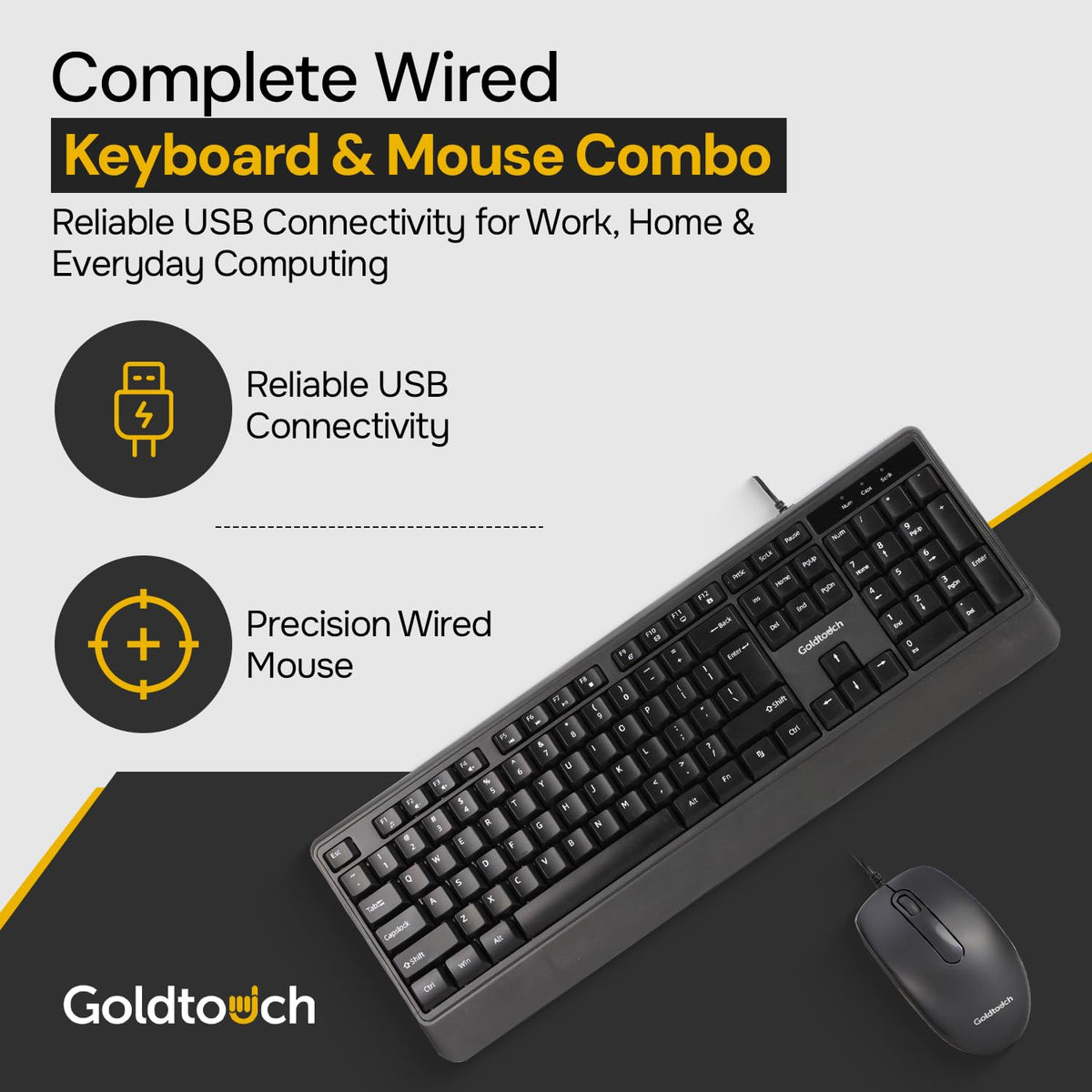 Goldtouch Wired Keyboard and Mouse Combo, USB, Full Size, Black