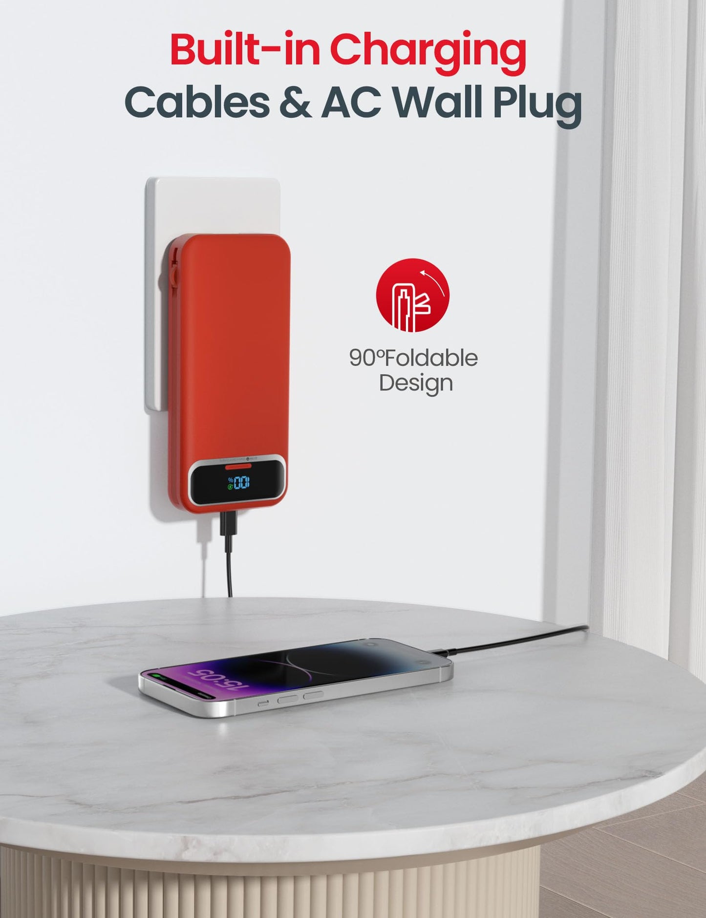 aonidi Portable Charger 12000mAh with Built-in Cables&AC Wall Plug, Red