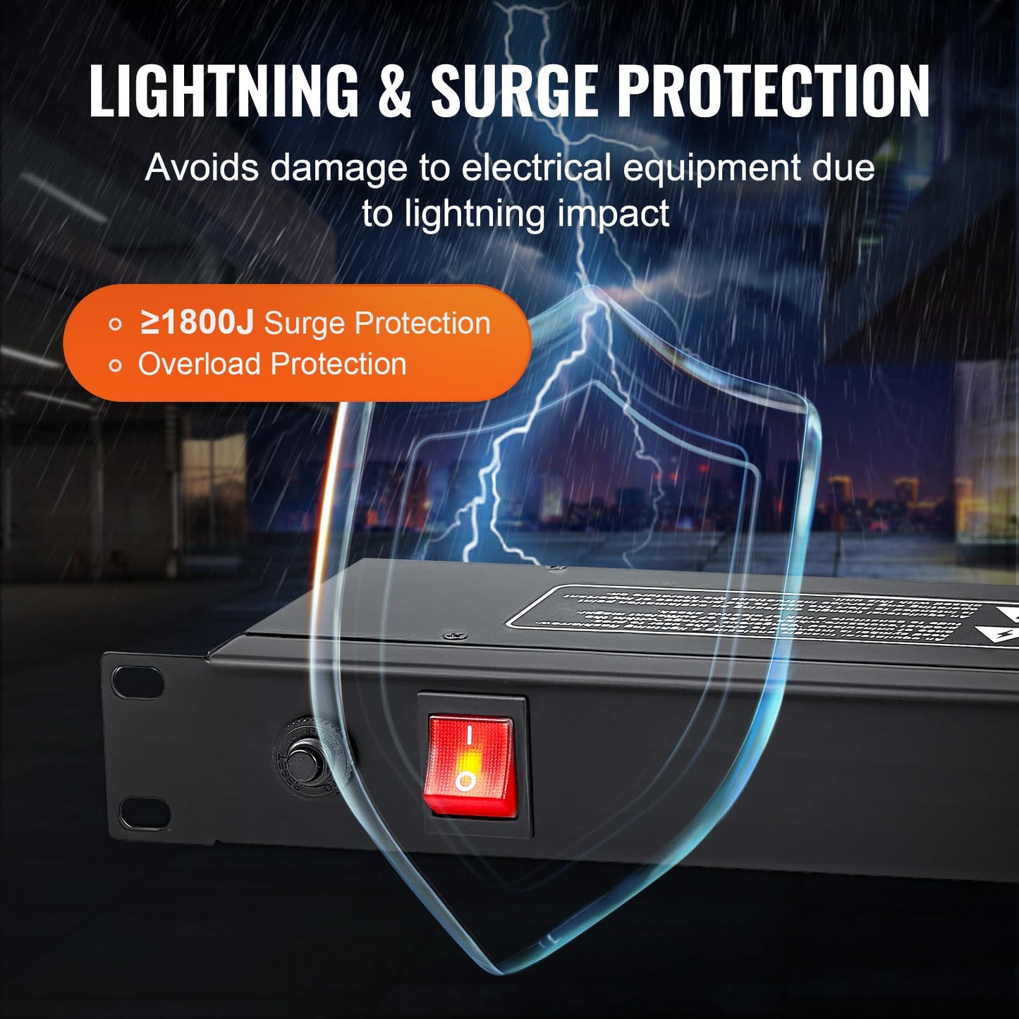 VEVOR 8 Outlet Horizontal 1U Rack Mount PDU Power Strip for Network Server Racks, Surge Protection & Overload Protection, 110-125V/15A, with 6ft 14AWG