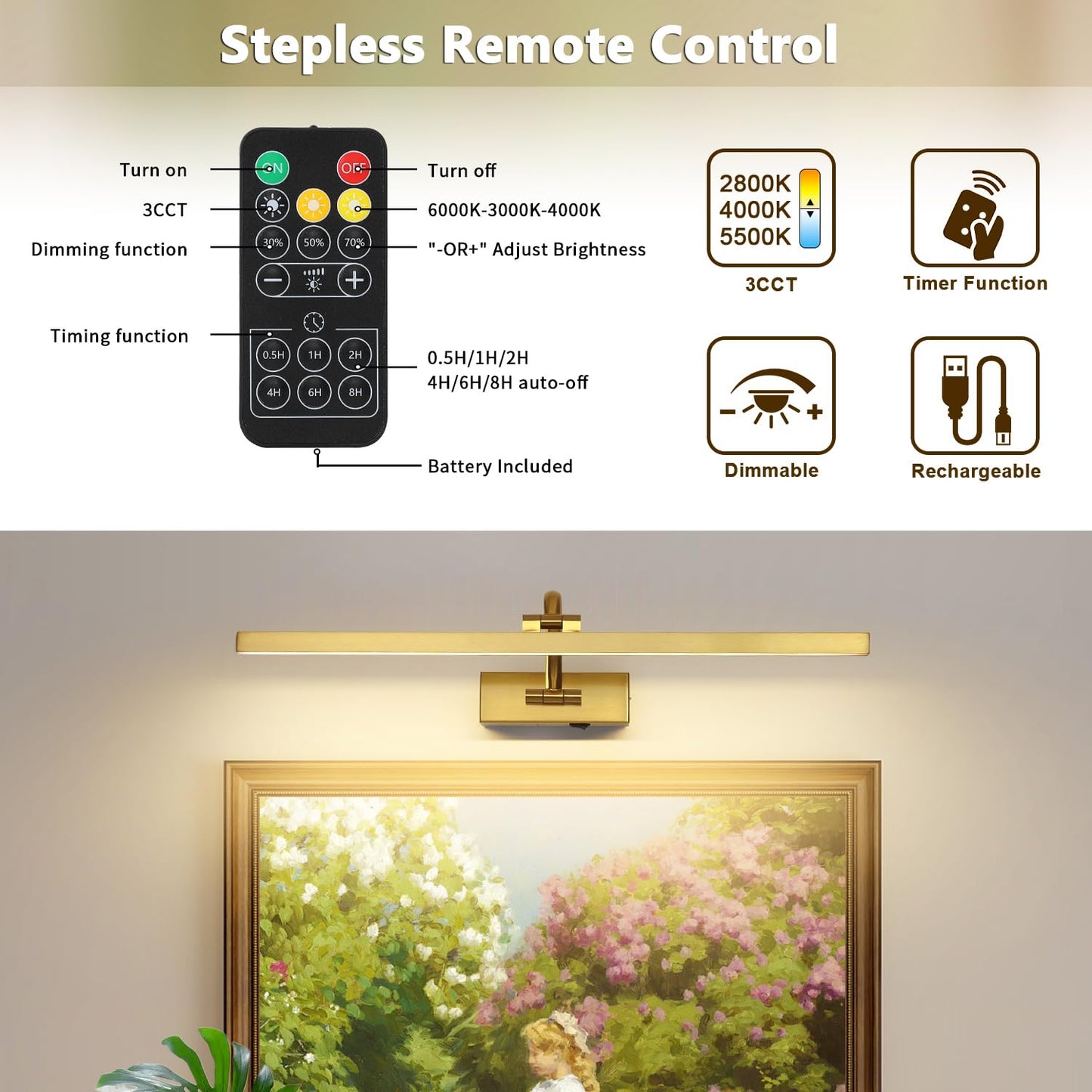 Wireless Picture Lights for Wall Battery Operated, Brass Art Lighting for Paintings Rechargeable Gallery lights with Remote and Timer 3CCT Dimmable