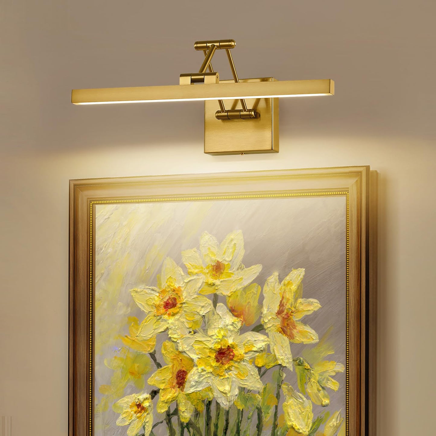 Pasoar Hard-Wired Picture Light Dimmable LED Picture Lights for Paintings 15.7" Inch Brass Metal Body Wall Pictures with Adjustable Gold Swing Arm Art
