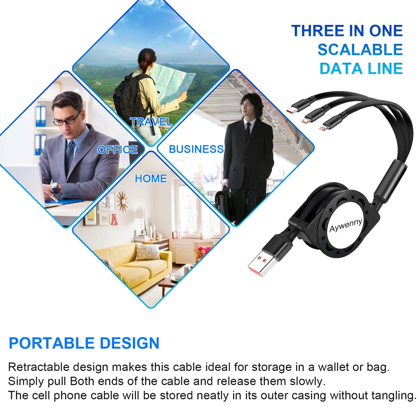 Aywenny [2026 Upgraded] 3 Pack Multi Retractable Charging Cable, 3 in 1 USB Charging Cable with USB C/Micro USB/Phone Port, 3.3FT Charging Cable