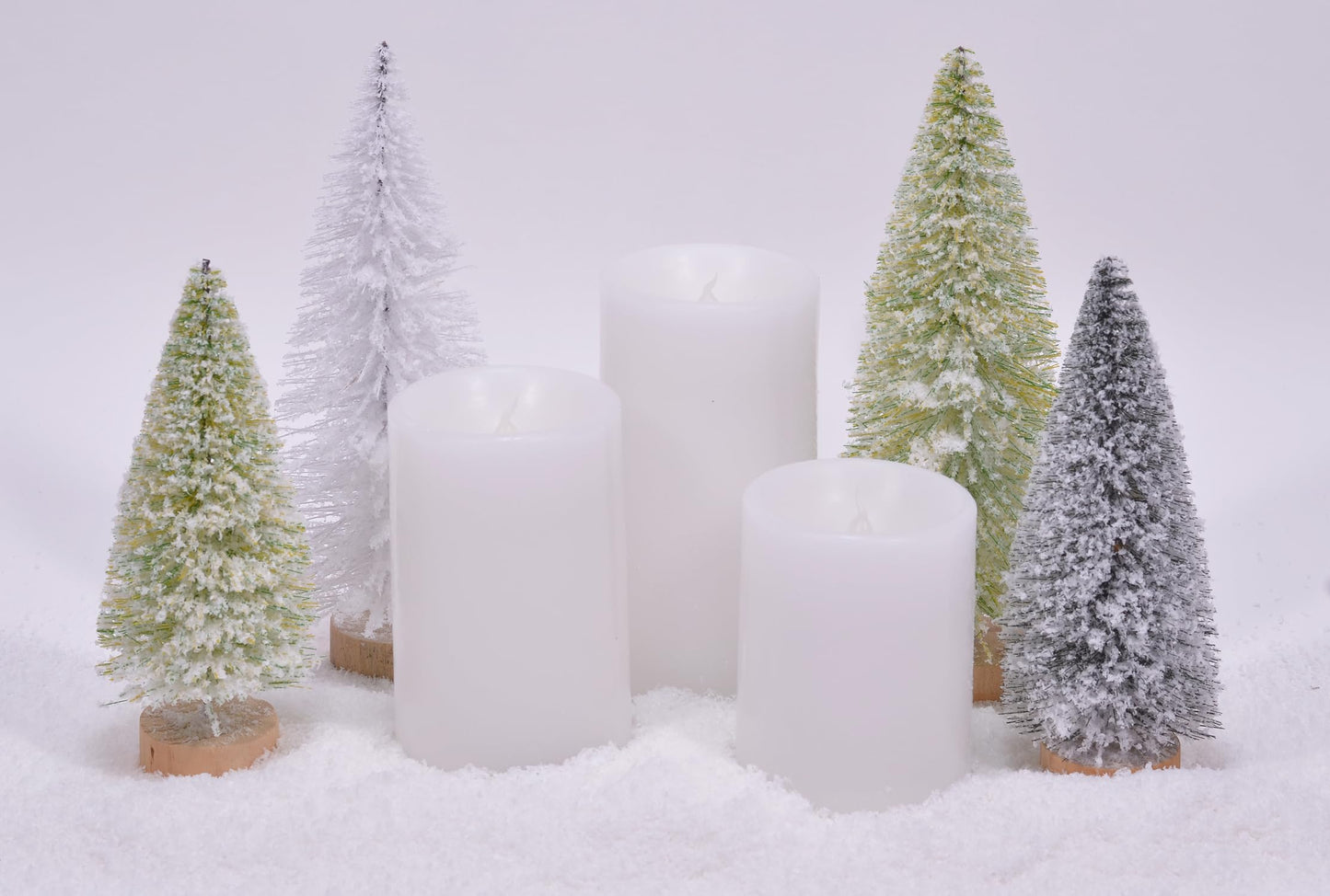 Mark Feldstein & Associates Sisal Tree and Wax LED Flameless Candle 8 Piece Candlescape Centerpiece Set, 8 Inch, White and Green with Artificial Snow