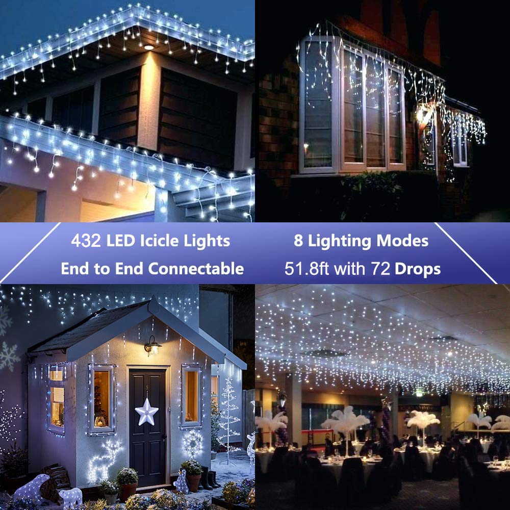 LYHOPE Icicle Christmas Lights, 432 LED 35.4ft 8 Modes Icicle String Lights with 72 Drops, Window Curtain Fairy Lights for Xmas, Eaves, Wedding