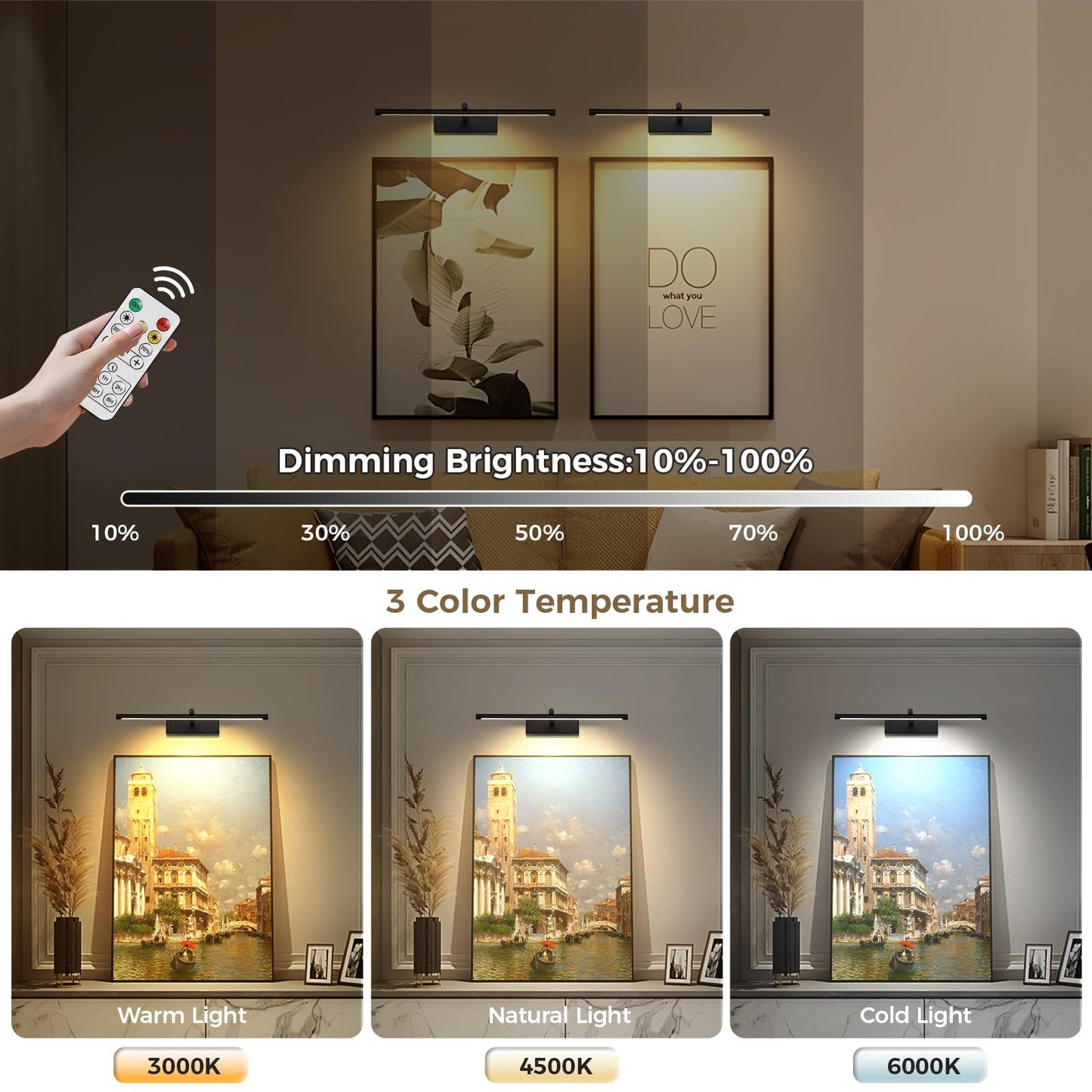 JOOSENLUX Battery Operated Picture Light Black 16-inch Wireless Art Display Light 3CCT Dimmable with Adjustable Arm Wall Light for Artwork Display