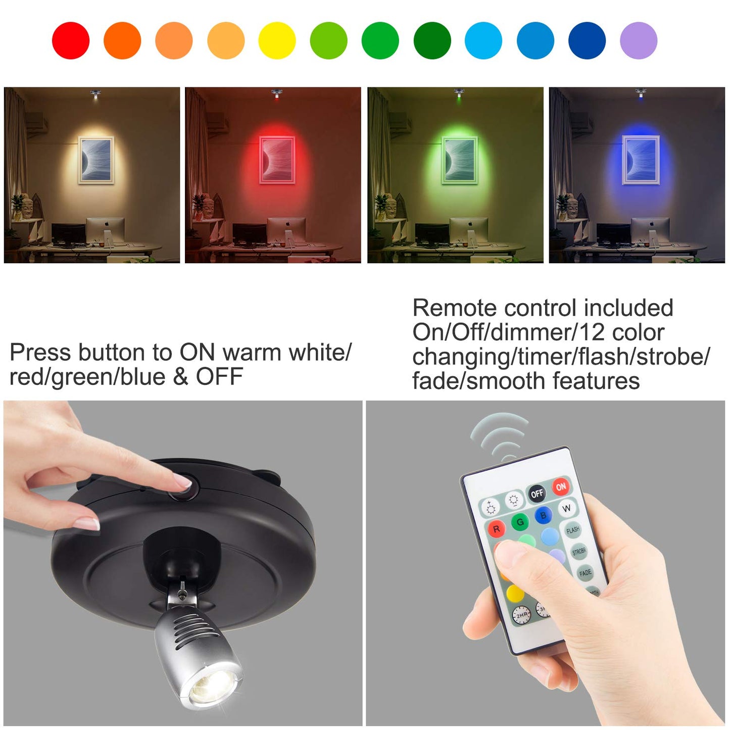 LUXSWAY Battery Operated LED Spot Lights Indoor,Wireless Accent Lights with Dimmable,12 Color Changing Puck Light with Remote,Closet Lights