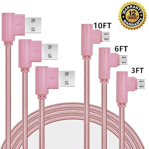 90 Degree Micro USB Cable, CTREEY [3 Pack 3Ft 6Ft 10Ft] Durable Braided Android Charger USB to Micro USB Cable Fast Charging for Samsung Galaxy S7/S6