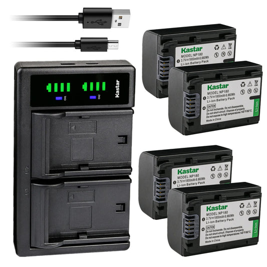 Kastar 4-Pack Battery and LTD2 USB Charger Compatible with Ordro NP-180 NP180 Battery, Ordro HDR-AE8 AE8 Digital Camcorder HD 4K 3 inch IPS Touch