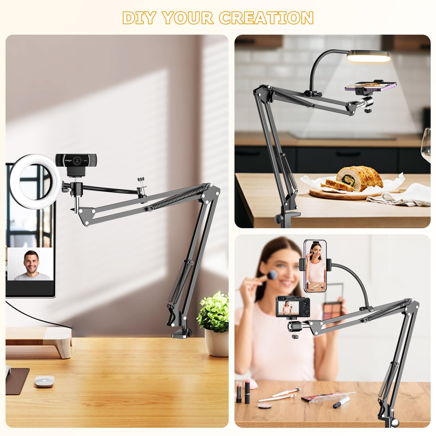 Overhead Camera Mount with Ring Light, Flexible Articulating Phone Arm Stand Compatible with iPhone, Logitech Webcam, Desk Tripod for YouTube Live