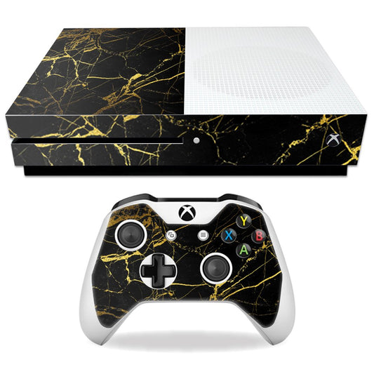 MightySkins Skin Compatible with Microsoft Xbox One S - Black Gold Marble | Protective, Durable, and Unique Vinyl Decal wrap Cover | Easy to Apply