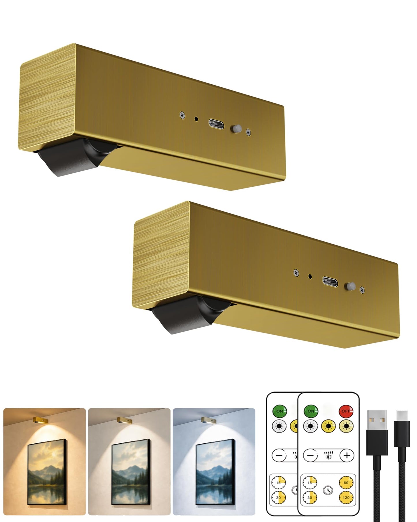 LYTARA Picture Lights for Wall, 2 Pack Metal Rechargeable 5000mAh Battery Lights with 60° Pivoting Head, Remote, Timer, 3 CCTs & Dimmable Magnetic LED