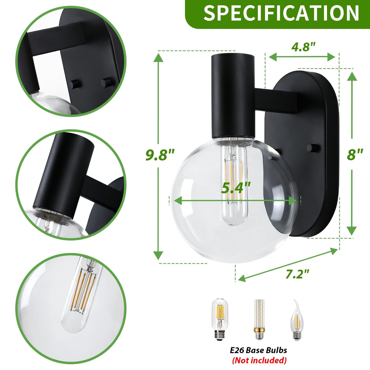 Caisens Outdoor Wall Light Fixture, Indoor Outdoor Wall Sconce, Waterproof Outdoor Porch Light, Black Vanity Light Fixture with Clear Globe Glass