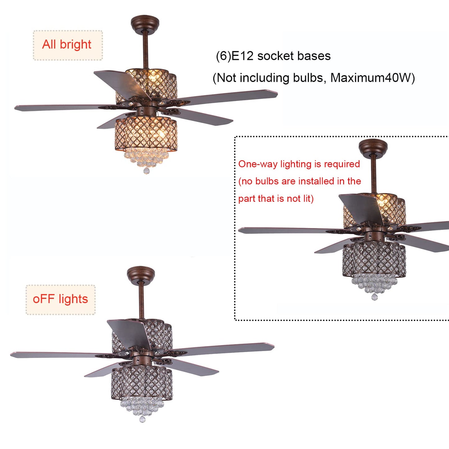52'' Crystal Ceiling Fan with Lights Classical Ceiling Fans with Chandeliers 5 Wood Reversible Blades 6 E12 3 Speed & Smart Timing Silent Vintage Fan