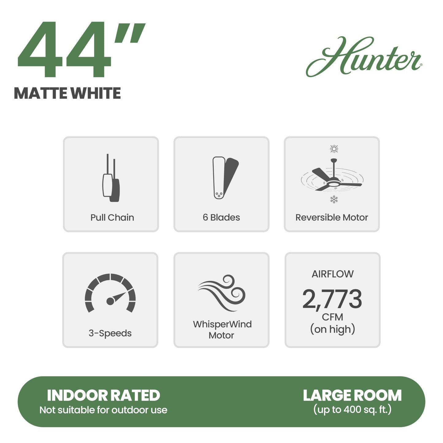 Hunter Fan 44 inch White Indoor Ceiling Fan with Light, Small Ceiling Fan with Pull Chain, 6 Blades for Kids Room, Bedroom, Office or Kitchen