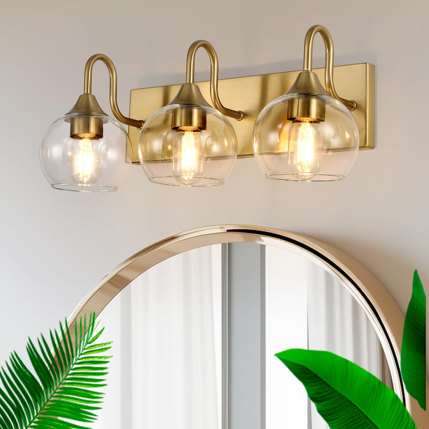 NOVCAND Gold Bathroom Light Fixtures, 3 Light Vanity Light with Clear Glass Shade,L 21" Bathroom Lighting Fixtures Over Mirror