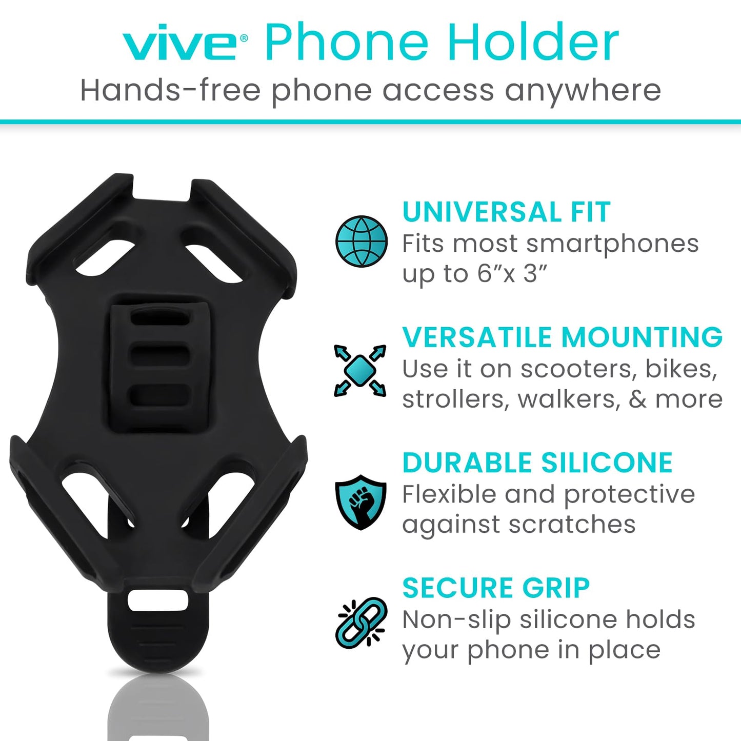 Vive Phone Holder - Universal Cell Phone Mount for Bike, Car, Motorcycle, Bicycle - Portable Silicone Accessories for Samsung, iPhone, Android Phones