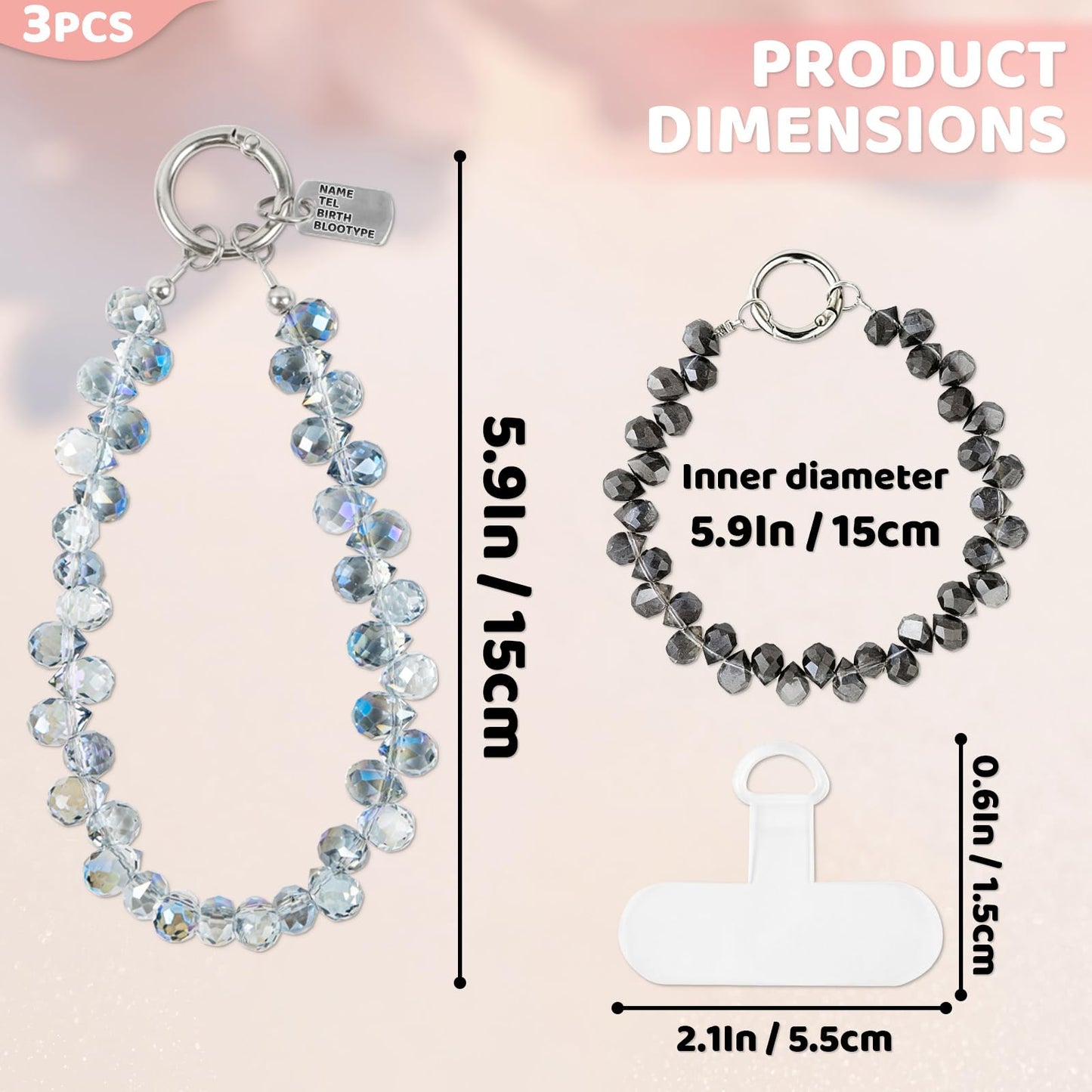 NEETUE 3PCS Crystal Beaded Wrist Strap Cell Phone Charm with 3Pcs Tether Tab Phone Bracelet Wrist Strap Lanyard for Women