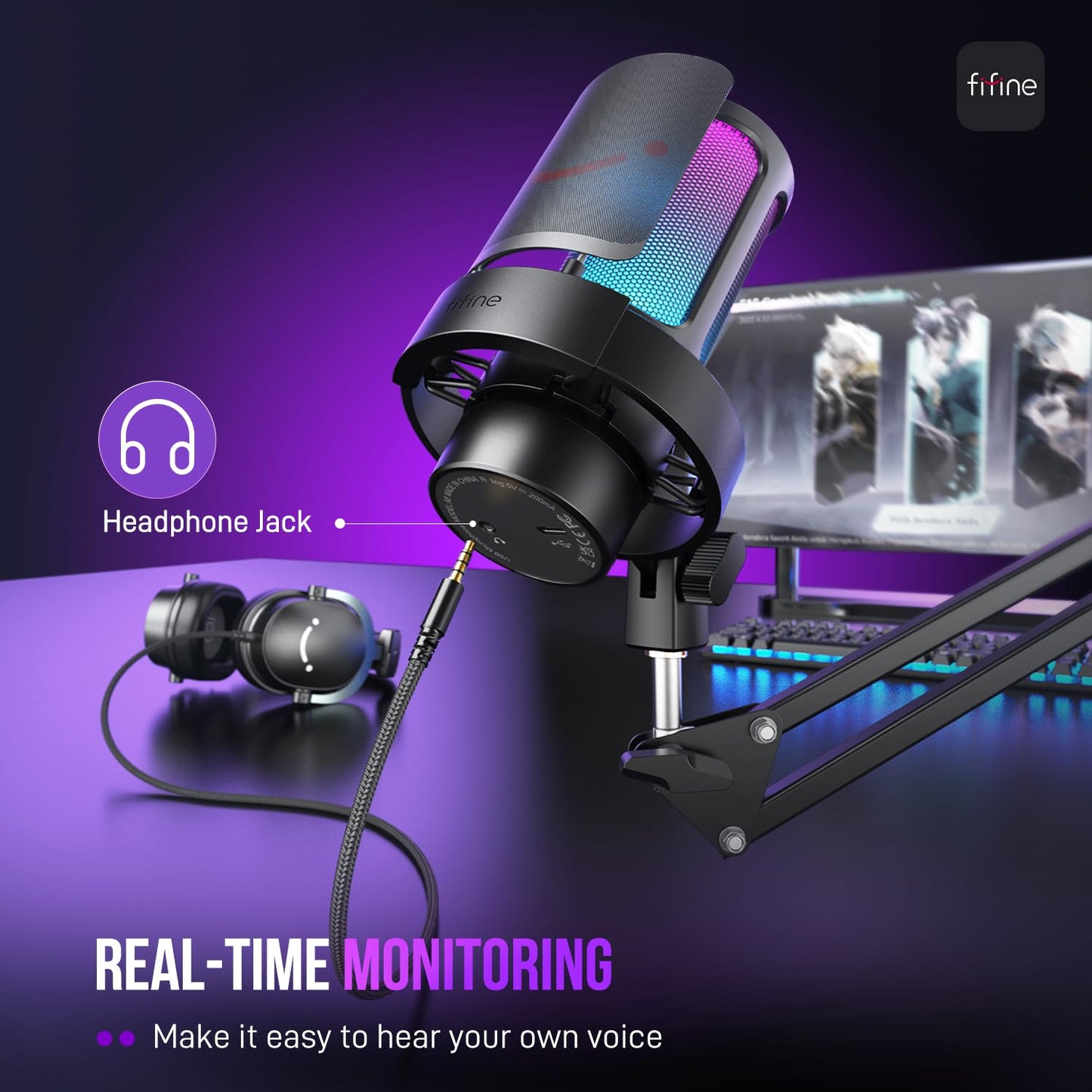 FIFINE USB Gaming Microphone Kit, PC Streaming Mic with RGB Lights, Mute, Gain Knob, Metal Boom Arm for Recording Podcast, Condenser Computer