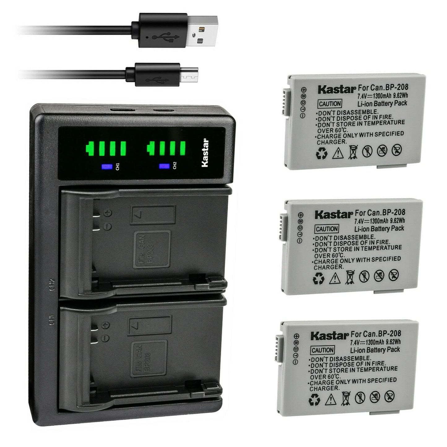Kastar 3-Pack Battery and LTD2 USB Charger Replacement for Canon BP-208 BP208 BP-208DG Battery, Canon DC10, DC19, DC20, DC21, DC22, DC40, DC50, DC51