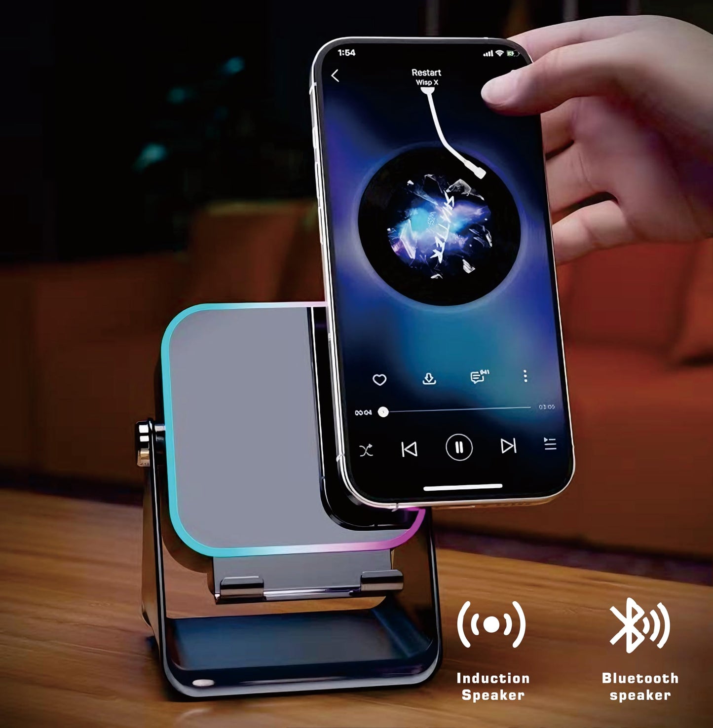 Induction Speaker, Innovative Tech Wireless Speaker Stand for Cell Phone Stand Holder with Bluetooth Audio Speaker Amplifier Dock Induction
