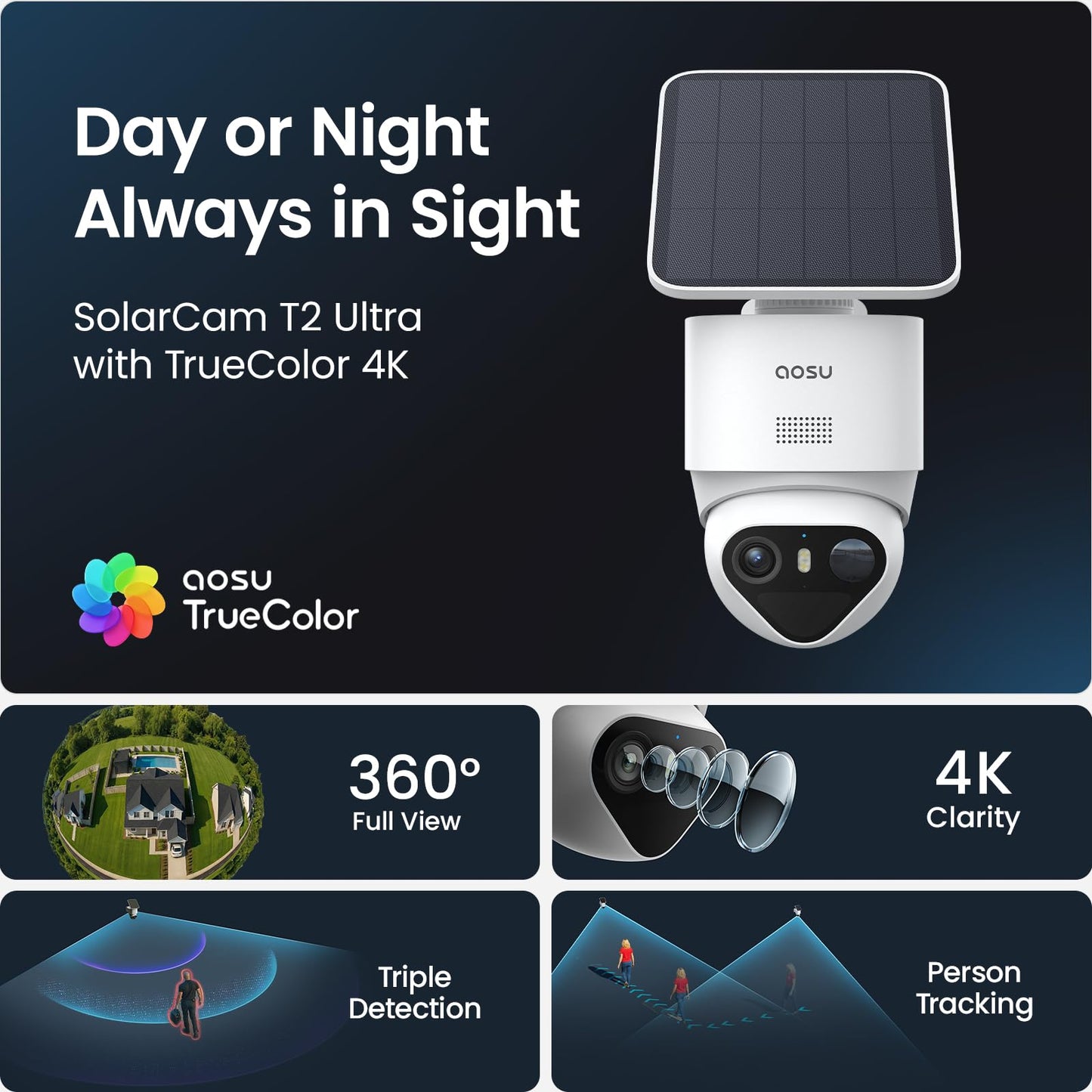 aosu T2 Ultra 4K Security Cameras Wireless Outdoor, TrueColor Night Vision, AI Triple Detection, 360° Auto Tracking, Solar Powered WiFi Camera