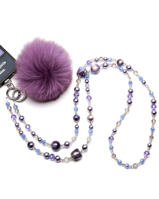 DYLWMYRL 100 Inch Anti-Tangle Beaded Phone Crossbody Lanyard, Multicolor Purple Blue Beaded Strap, Detachable Heart Charm Anti-Loss Lanyard for Daily