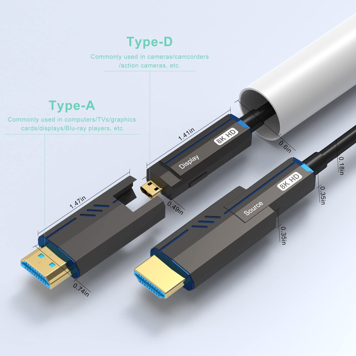 8K Detachable HDMI Fiber Optic Cable 50Feet/15m, Long HDMI 2.1 Cable in Wall, with Dual Micro HDMI and Standard HDMI Connectors, Compatible for PC