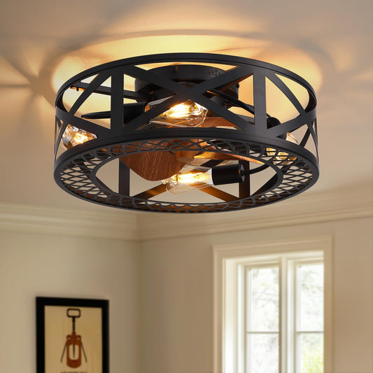 MOOONICHE 20" Caged Ceiling Fans with Lights, Modern Dimmable Flush Mount Ceiling Fan with Lights Remote, Black Low Profile Ceiling Fan for Bedroom