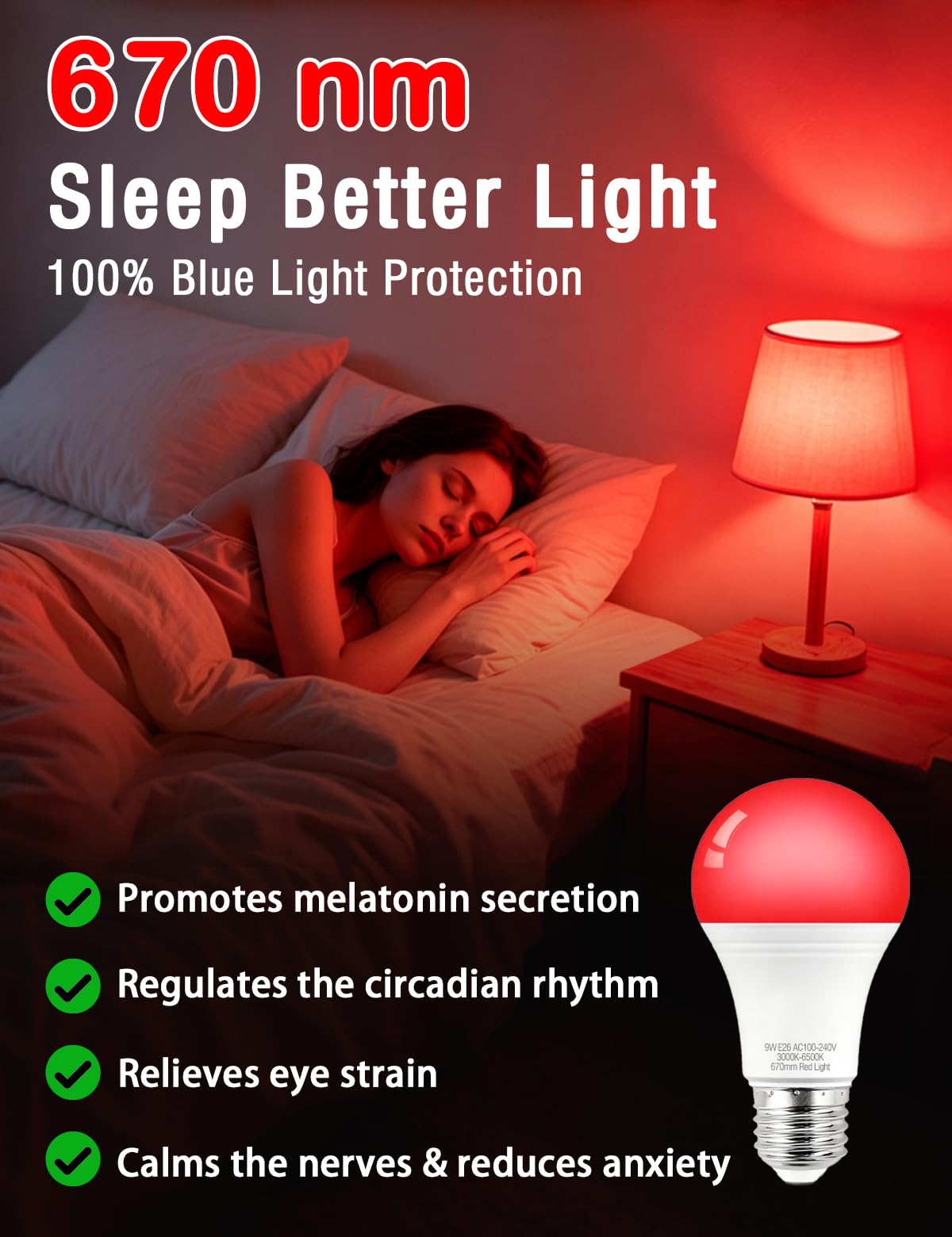 670nm Sleep Red Light Bulb with Remote Control, E26 Blue Light Blocking A19
