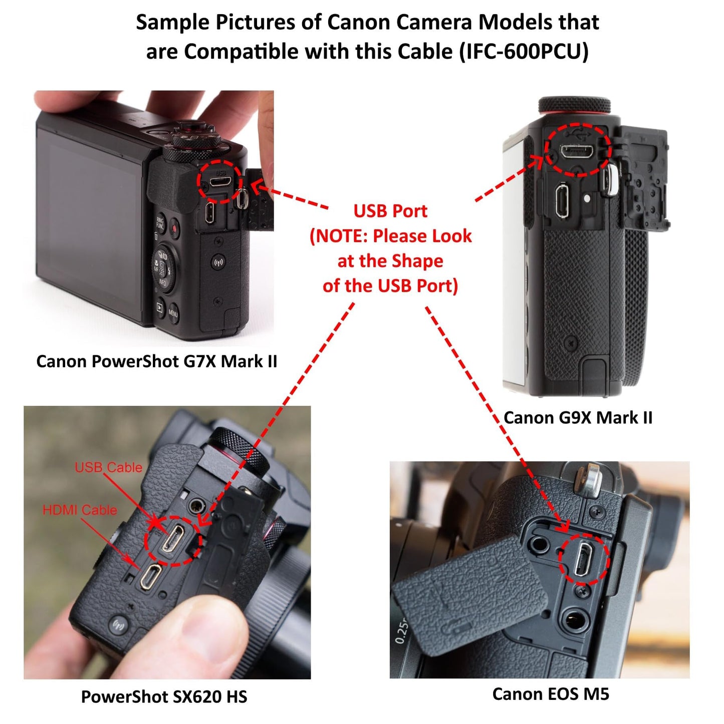 Replacement Interface Cable IFC-600PCU Compatible with Canon PowerShot G7X Mark II, G9 X, G9 X Mark II, SX620 HS, SX720 HS, SX730 HS, EOS M5, EOS M6