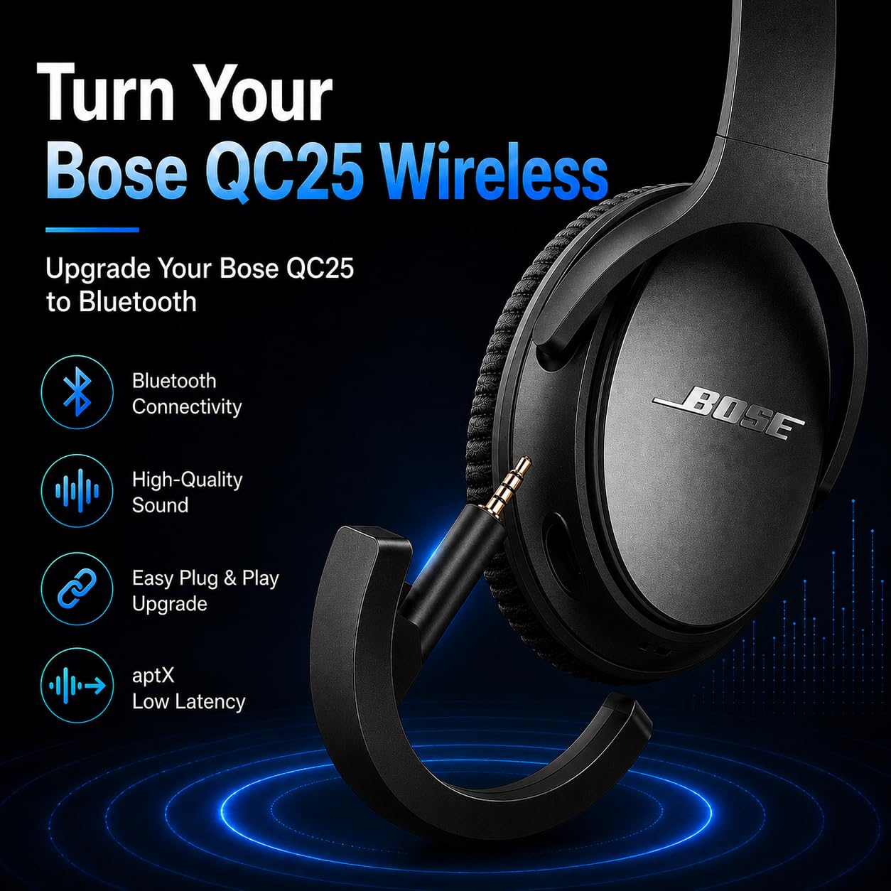 YOCOWOCO Upgraded aptX Wireless Bluetooth Adapter for Bose QuietComfort 25 QC 25Headphones with Mic/Volume Control, Black