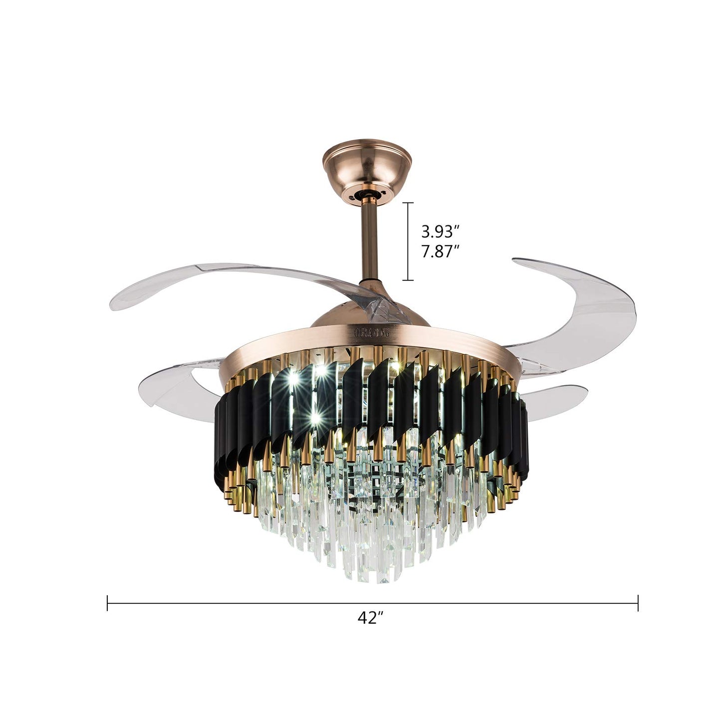 HAOREBAIYU 42-Inch Crystal Ceiling Fan with Light, Black Fandelier