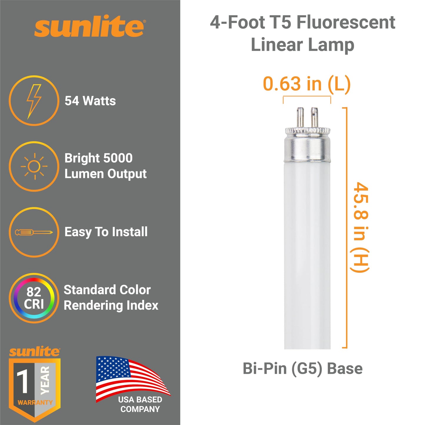 Sunlite 30258 F54T5/841/HO 4 Foot T5 Linear Fluorescent Lamp, 54 Watts, 5000 Lumens, 4100K Cool White, Miniature G5 Bi-Pin Base, High Performance