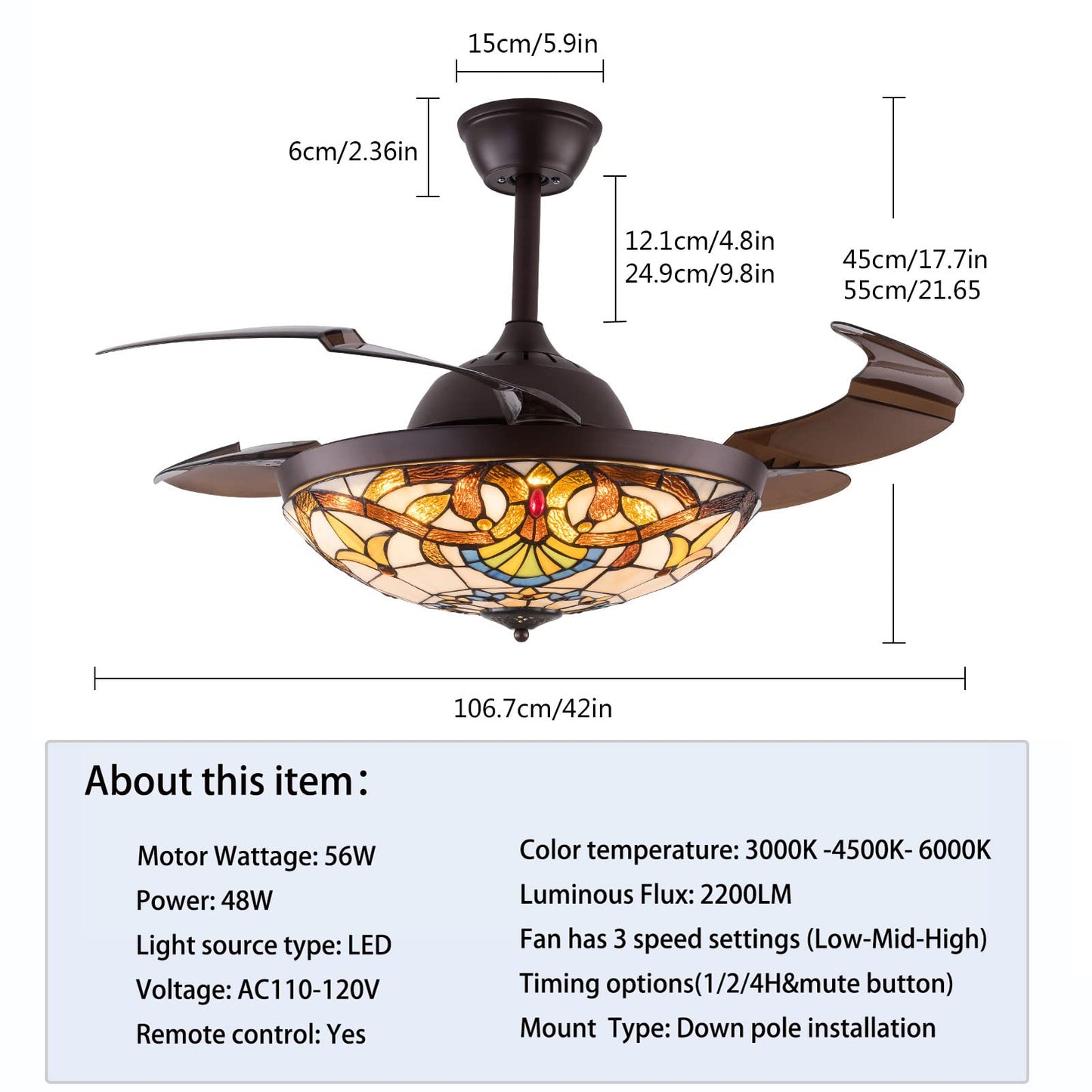 DRIKH 42" Tiffany Ceiling Fan Light,Stained Glass Chandelier Fan 3-Color Retractable LED Chandelier Lamp with 3-Speed Wind Speed Remote Control